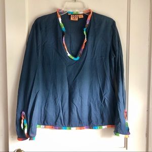 Tory Burch Blue V-Neck Multicolor Ruffle Hem Top